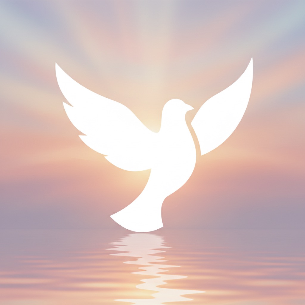 A white dove silhouette is centered against a soft, pastel sunset reflecting over calm water.